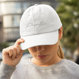 White Cursive Curved Cap